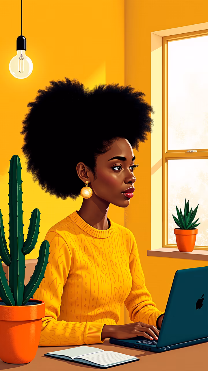 A woman working in a serene, yellow-toned environment.