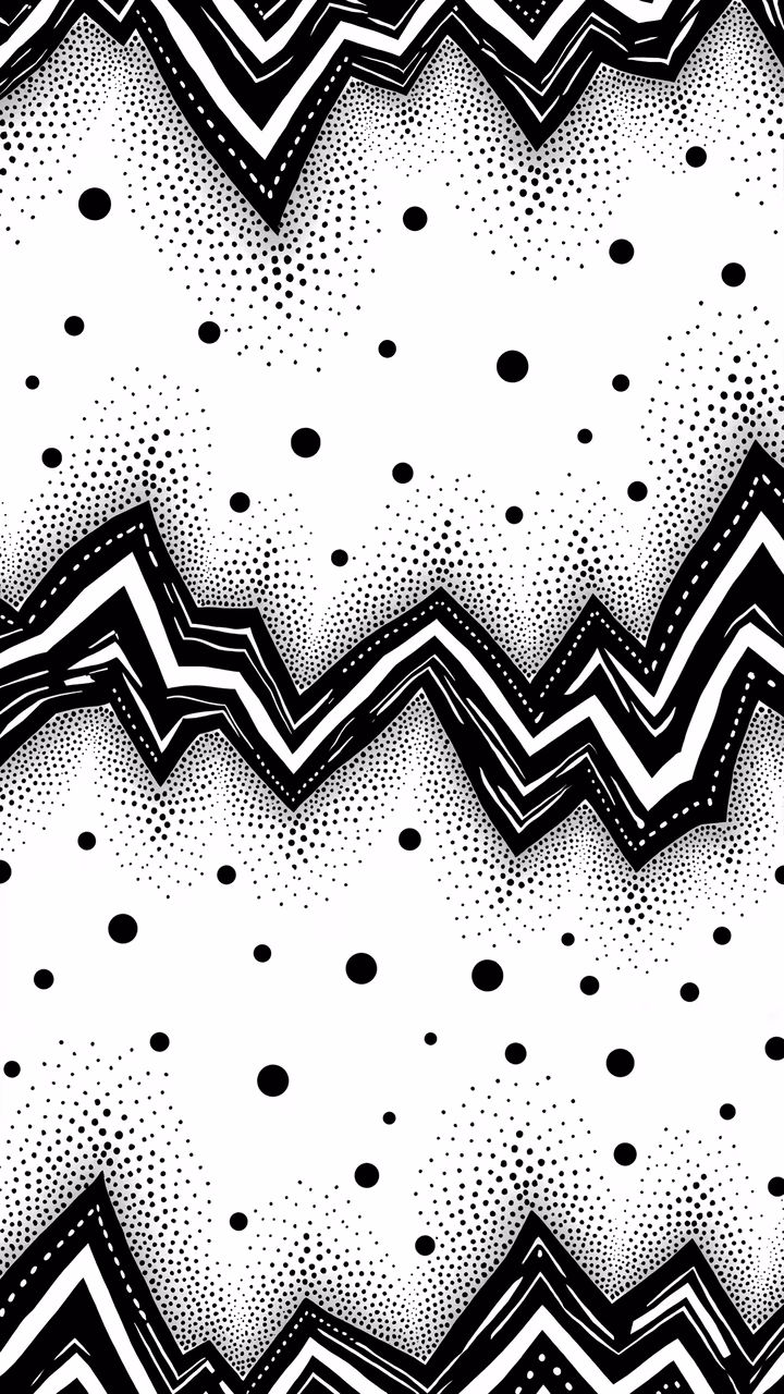 Dynamic black and white zigzag pattern with scattered dots, minimalist design.