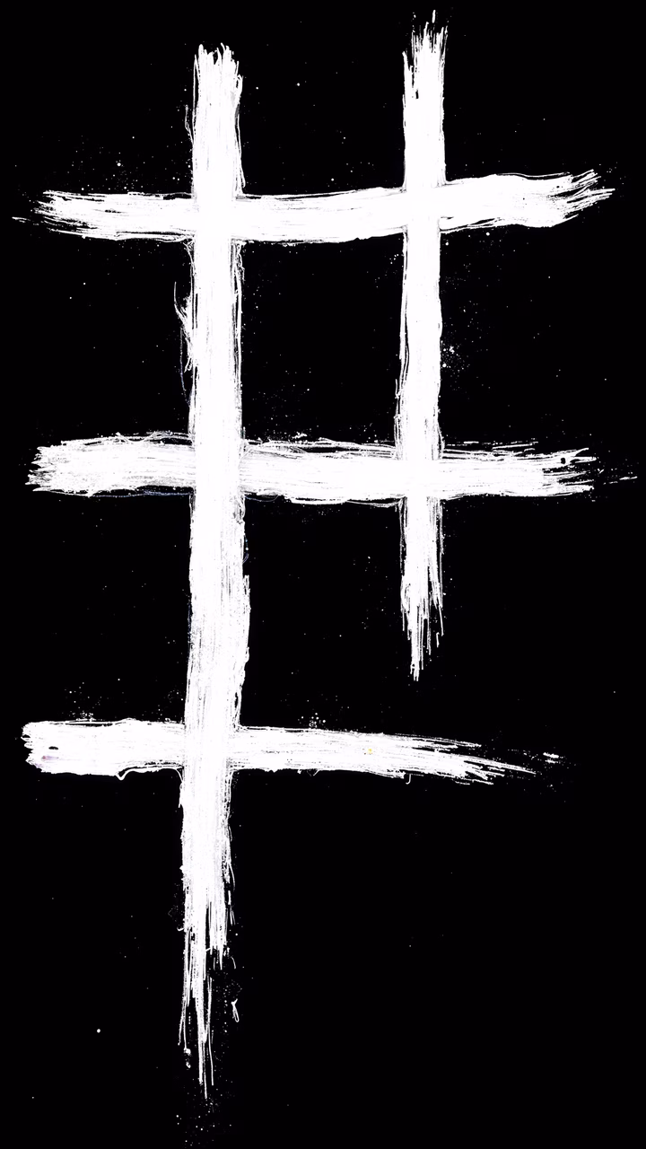 Bold white brushstrokes on a black background create an abstract grid.