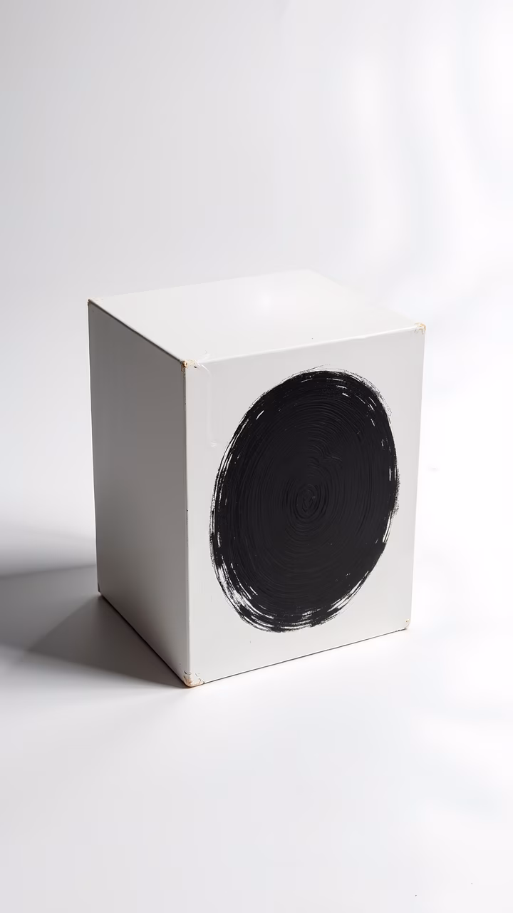 Bold black circle on a white cube, minimalist design, modern art