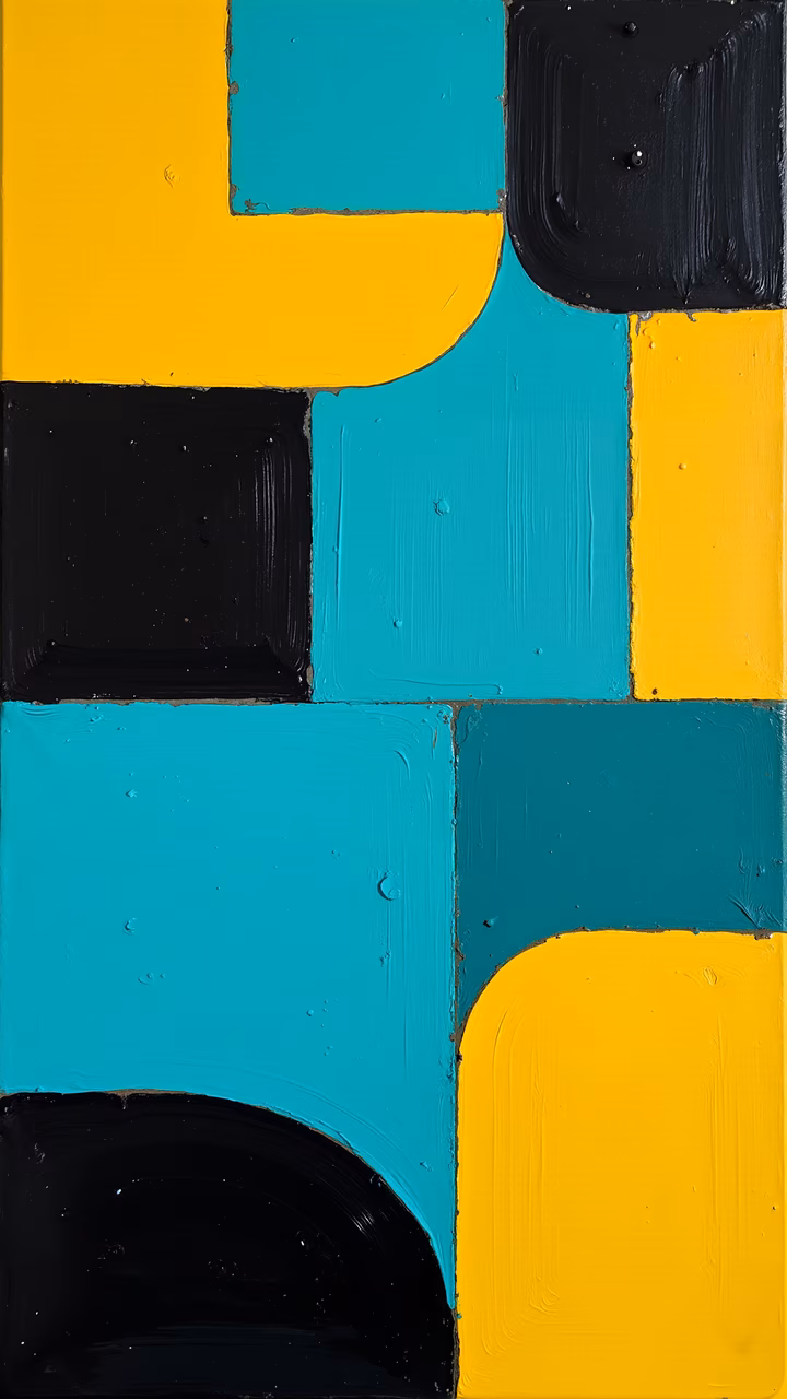 Bold geometric shapes in yellow and teal create a dynamic and energetic abstract artwork.