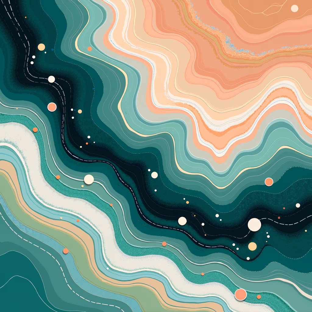 Dynamic abstract landscape with vibrant colors and playful elements.