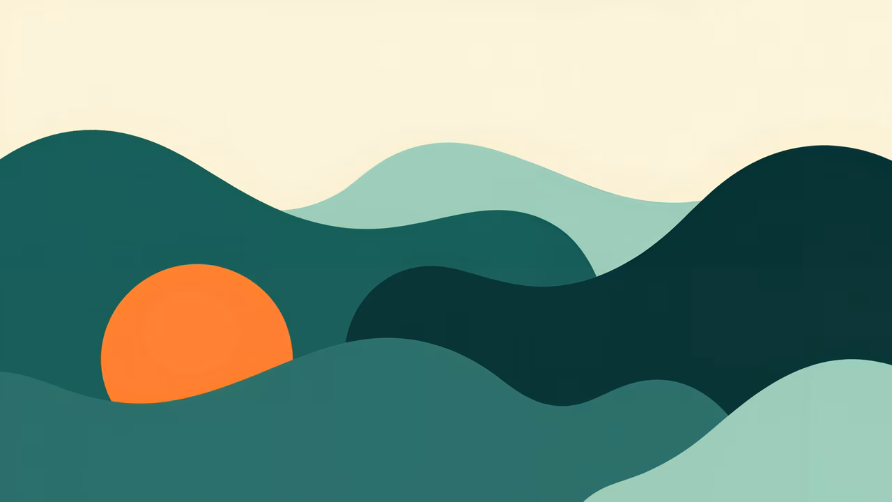 Minimalist abstract landscape with flowing waves and a warm sun.