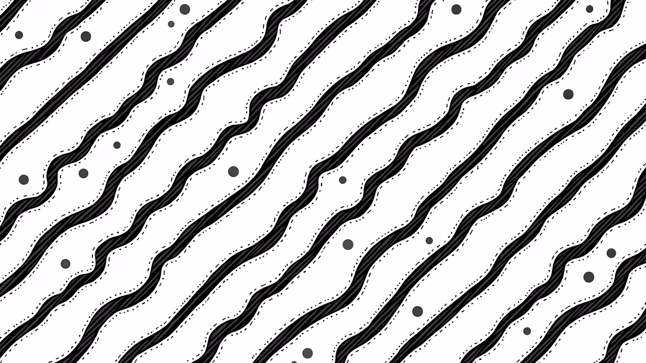 Dynamic black and white abstract pattern with diagonal lines and dots.