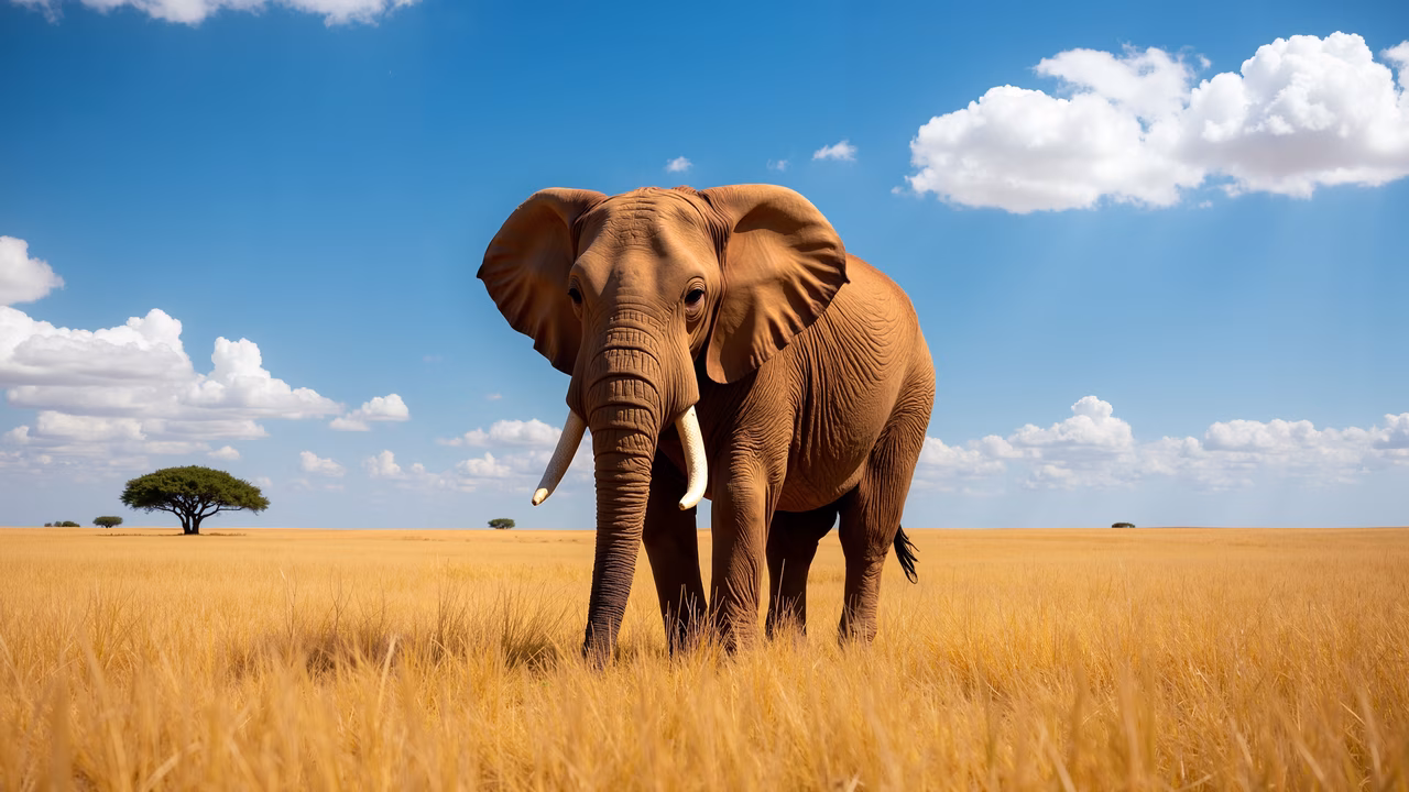 African elephant in the savanna under a clear blue sky.