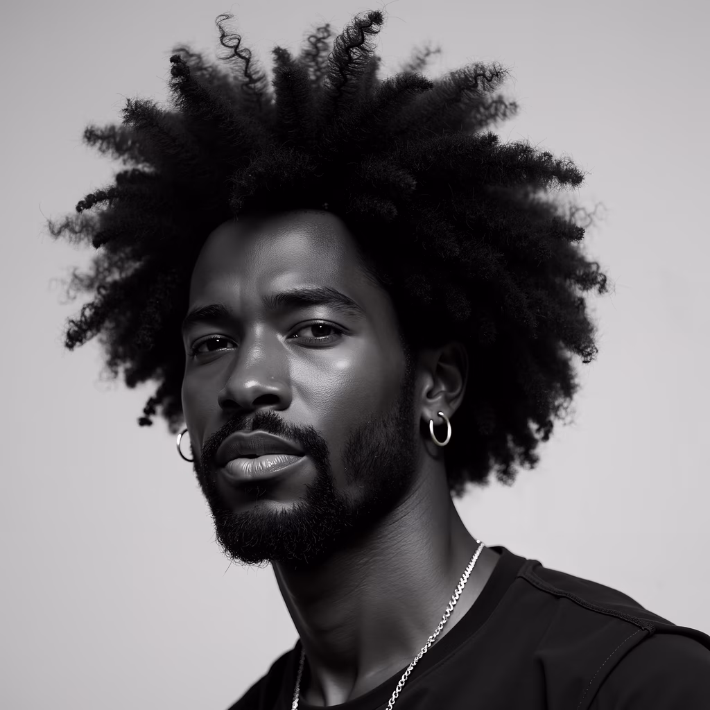Bold afro portrait in black and white, highlighting strength and individuality.