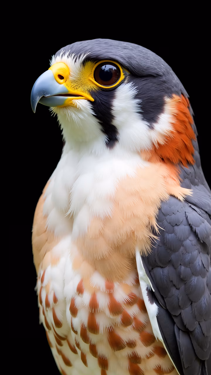 Close-up portrait of an American Kestrel with vibrant colors and detailed textures.