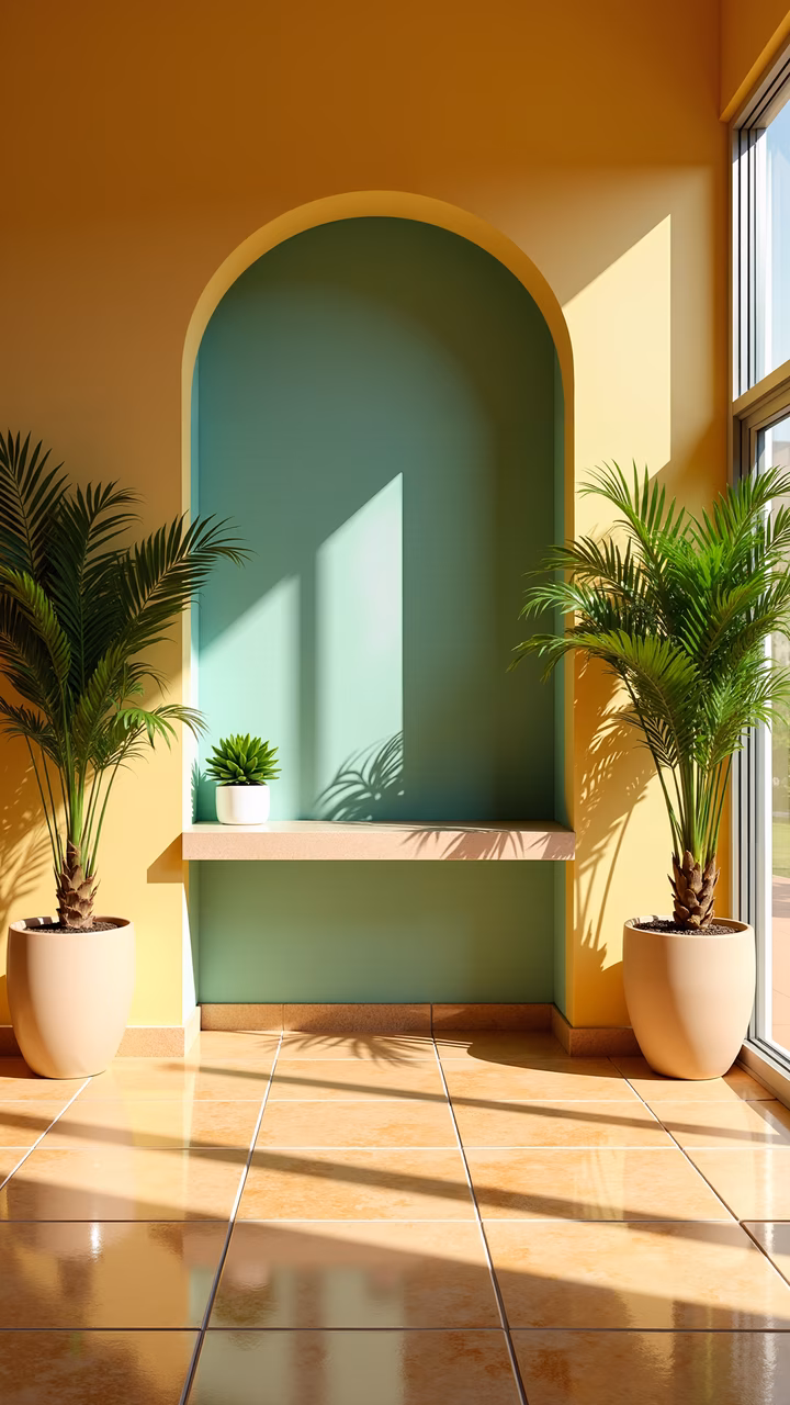 A tranquil indoor setting with arched window, plants, and contrasting colors.