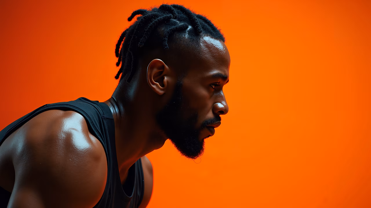 Close-up portrait of a muscular athlete against a vibrant orange backdrop, highlighting intensity and focus.