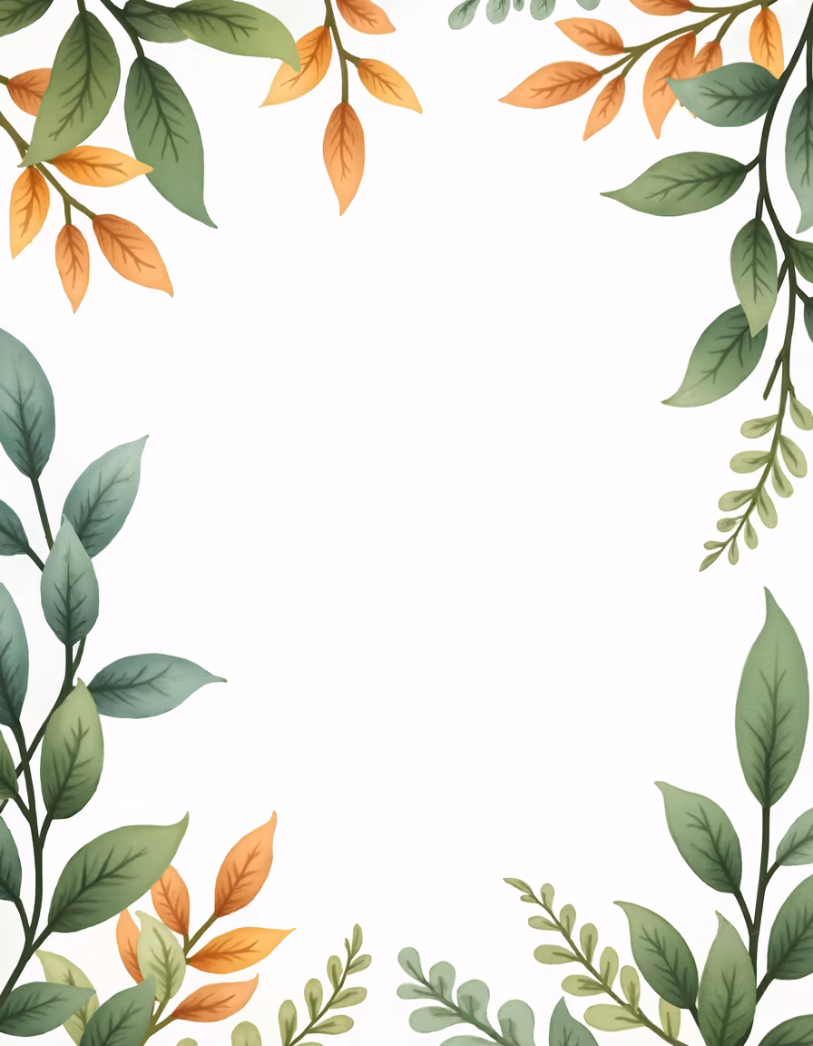 Symmetrical autumn leaf border illustration with vibrant colors and natural textures.