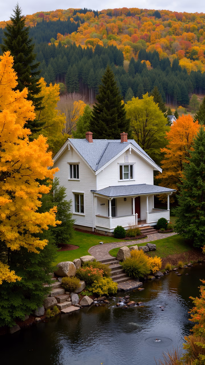 A peaceful autumn landscape with a white house and colorful trees.