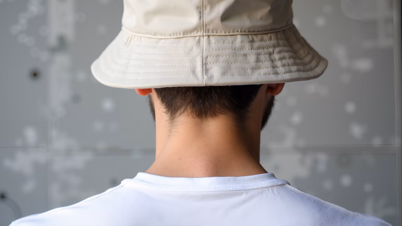 Back view of person wearing beige bucket hat in a soft, circular-patterned setting.
