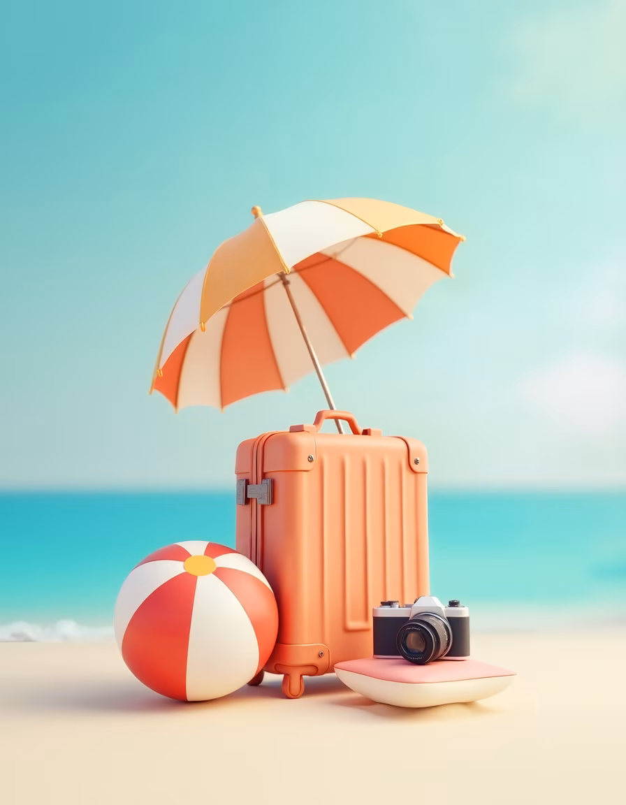 Vibrant beach accessories set against a tranquil ocean backdrop, perfect for travel enthusiasts.