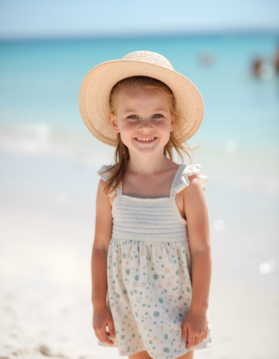 A joyful child on a beautiful beach, wearing a straw hat and a floral dress.