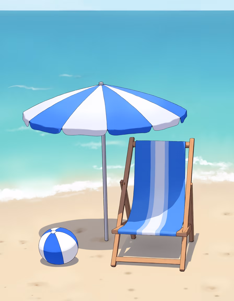 A relaxing beach setup with a striped umbrella and chair, perfect for summer vacations.
