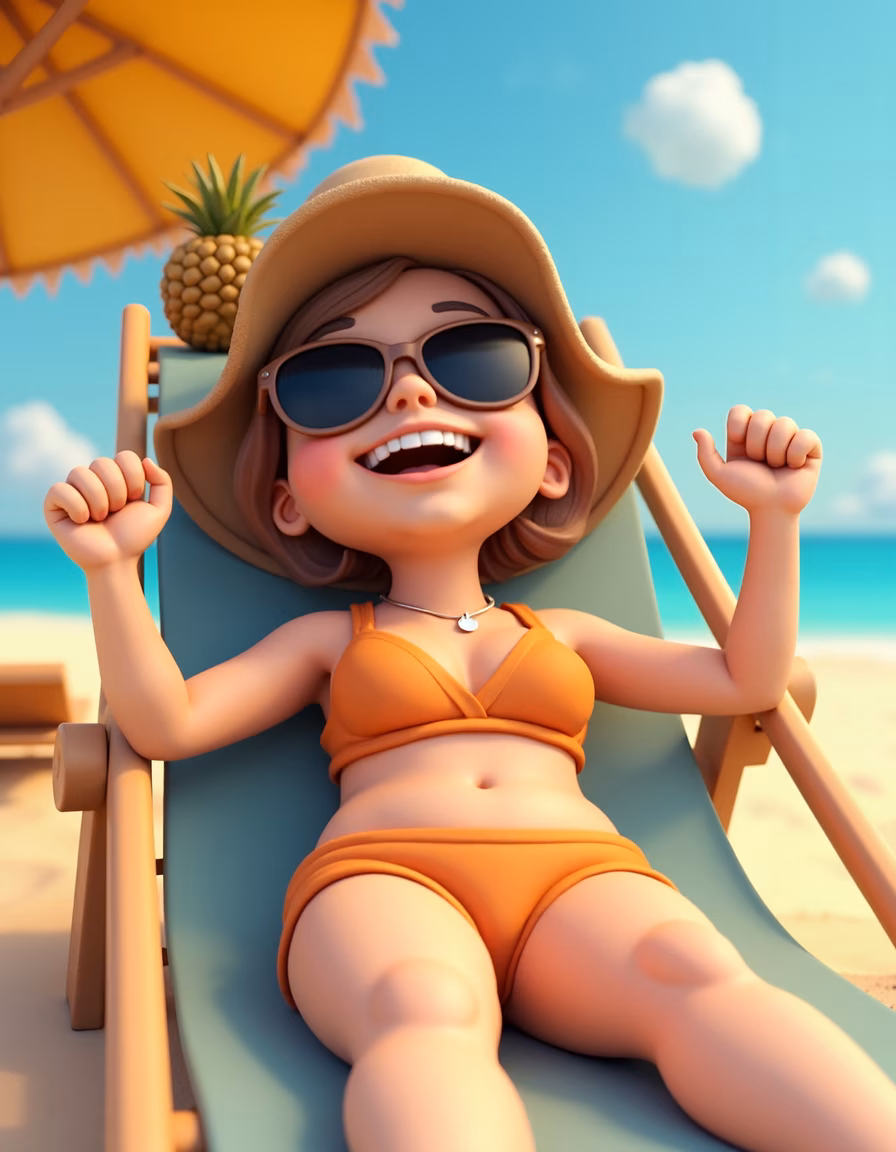 Cartoon character enjoying a sunny day at the beach.