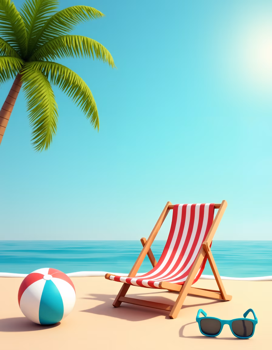 A relaxing beach scene with a striped chair, ball, and sunglasses under a clear sky.