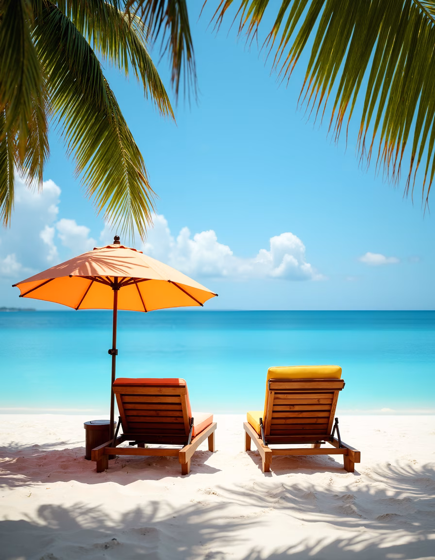 Relaxing beach scene with two lounge chairs and an umbrella, set against a beautiful turquoise ocean and blue sky.