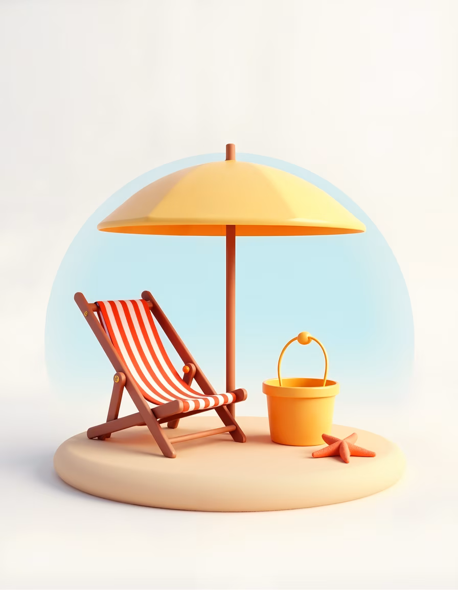 A relaxing beach setup with a striped chair and umbrella, perfect for summer vibes.
