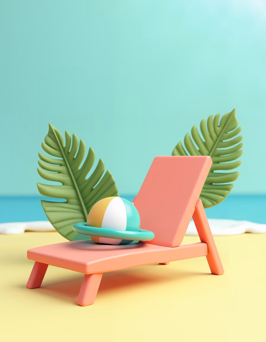 A relaxing beach chair with a tropical vibe and a colorful beach ball.
