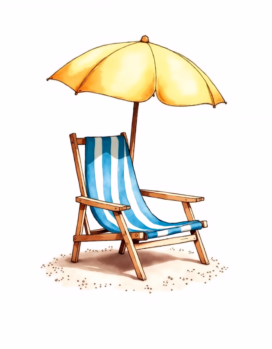 A relaxing beach chair with a yellow umbrella, perfect for summer vacations.