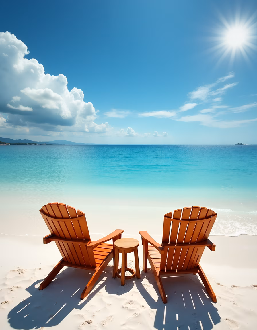 Two wooden chairs on a serene beach, facing the ocean under a sunny sky.