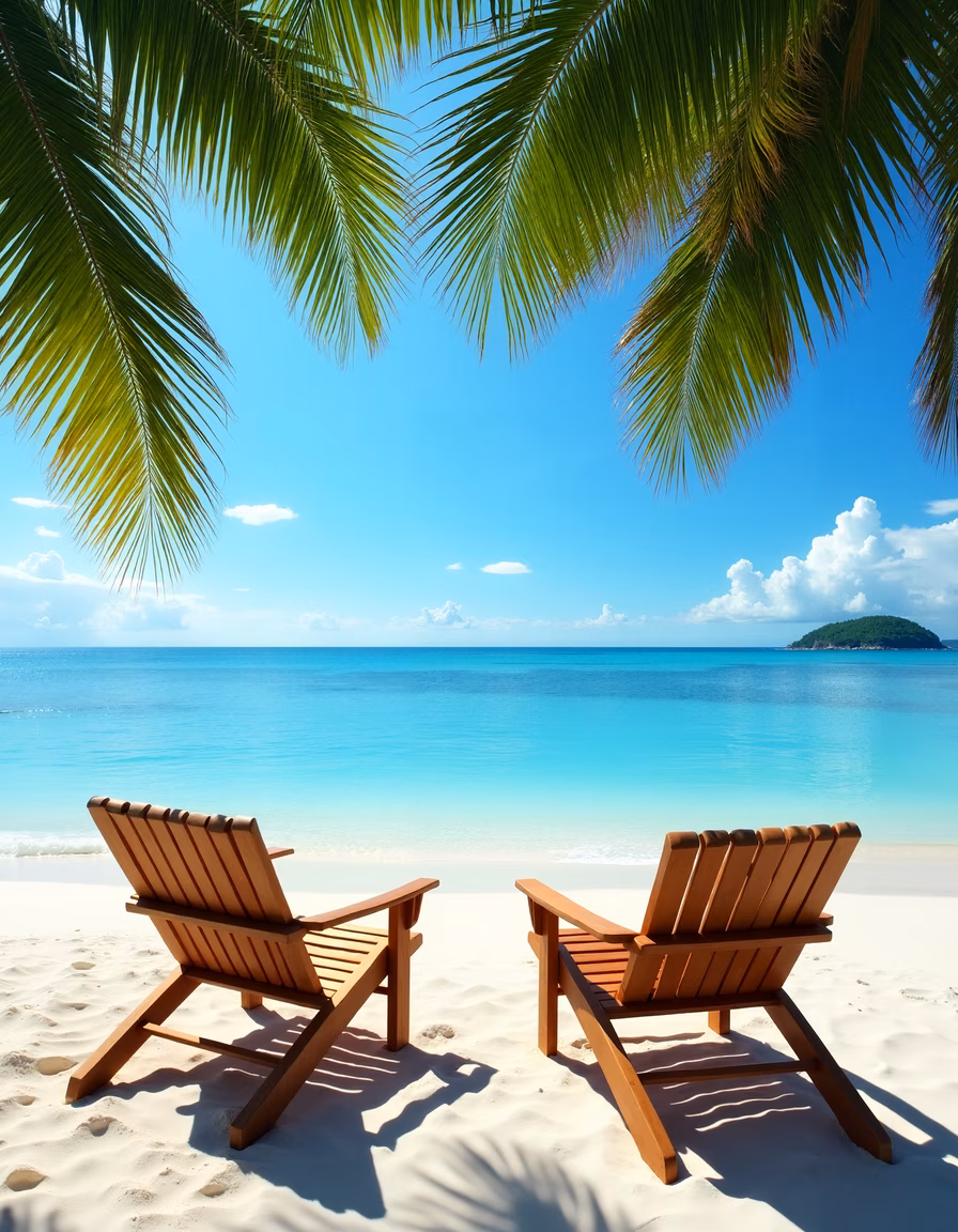 Relaxing beach chairs on a serene tropical paradise.