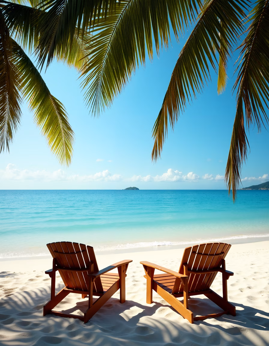 Two wooden chairs under palm trees on a tranquil beach.