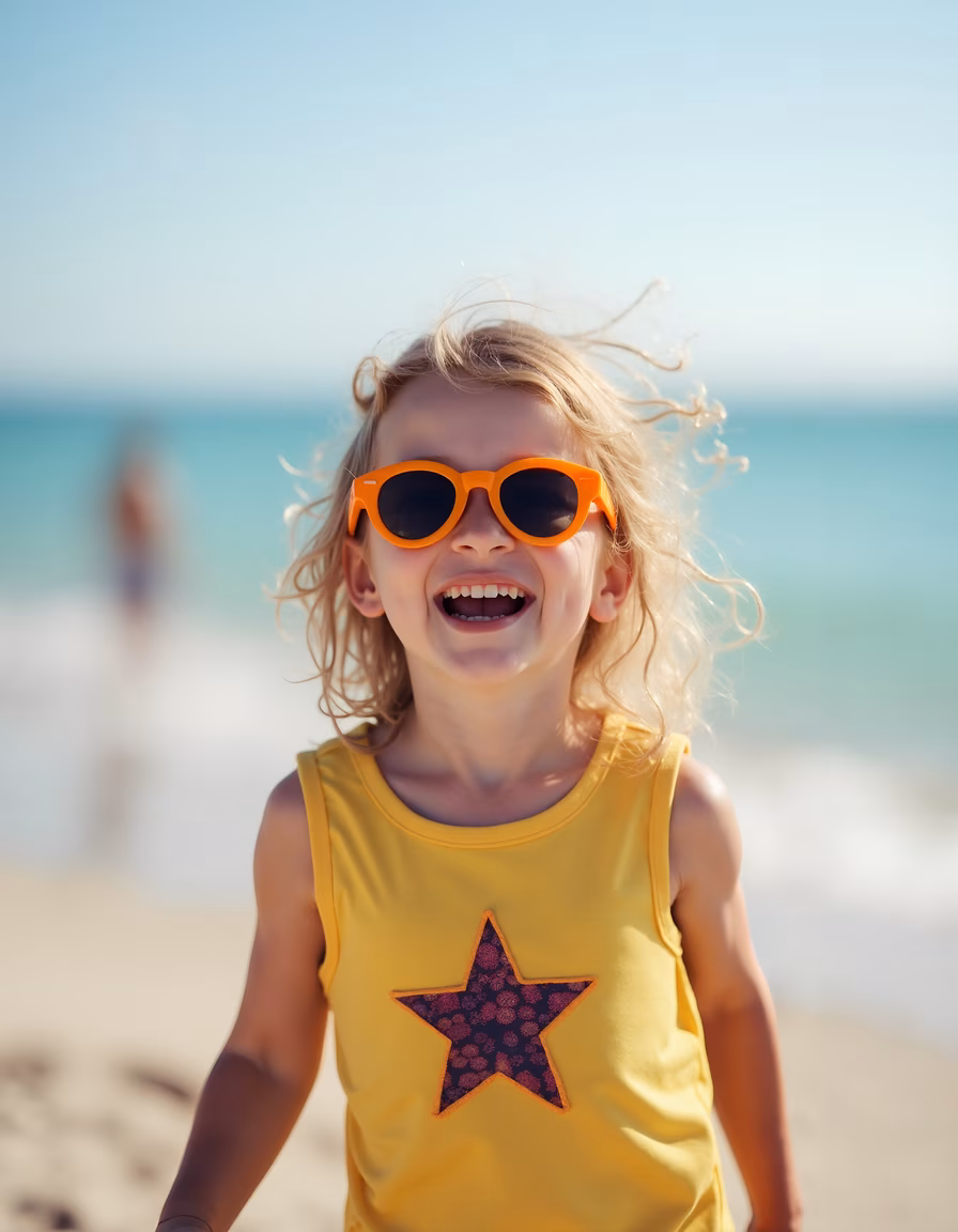 Brightly colored beach scene featuring a happy child.