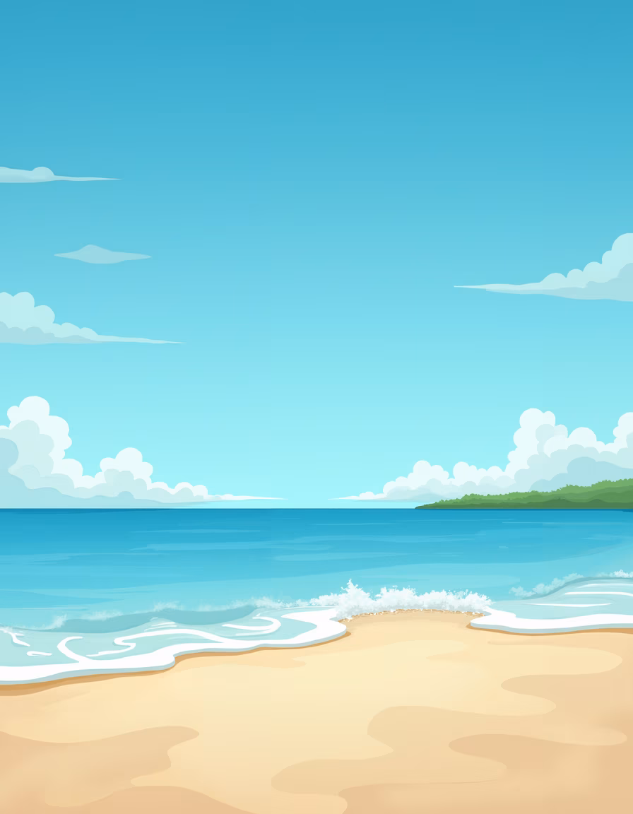 A tranquil beach scene with soft waves and clear skies.
