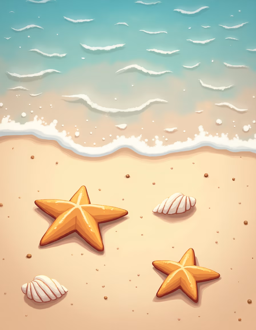 Whimsical beach scene with starfish and seashells, evoking tranquility and nostalgia.
