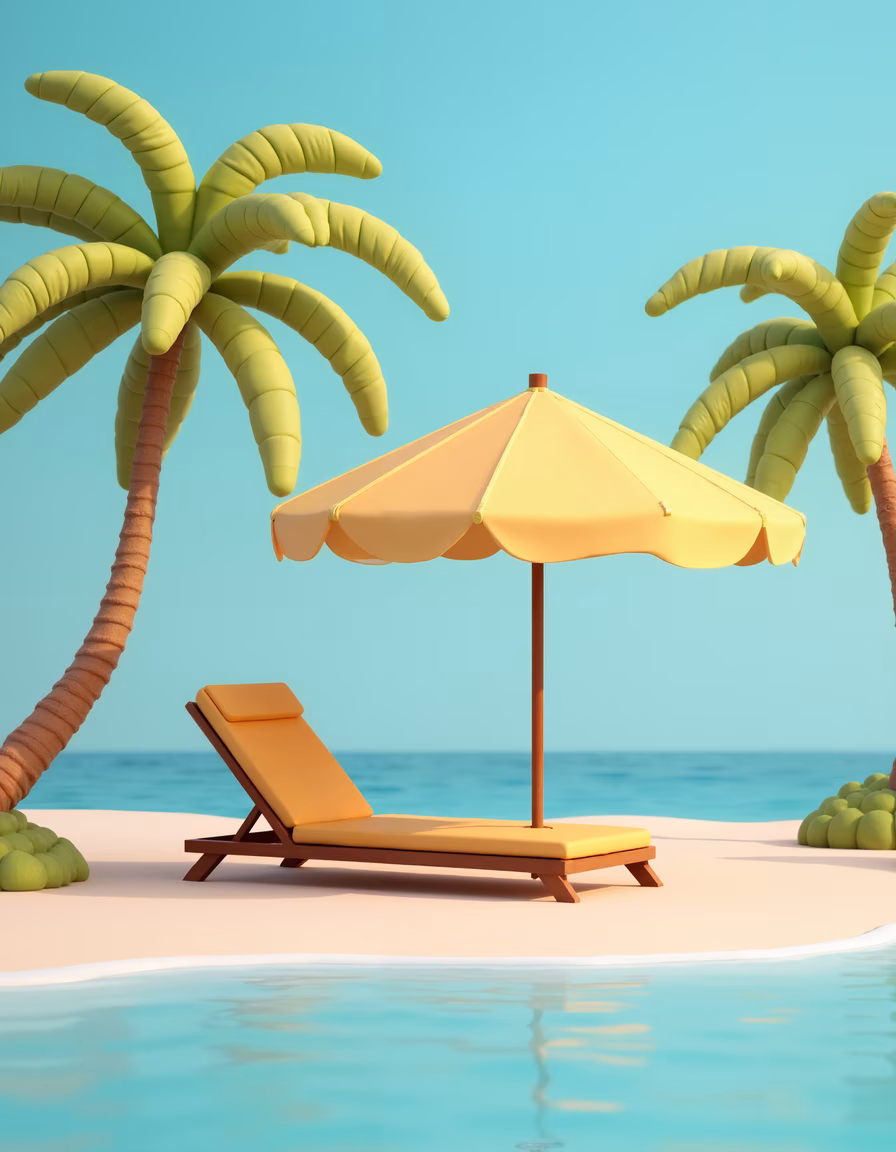A relaxing beach scene with palm trees and a lounge chair under a yellow umbrella.