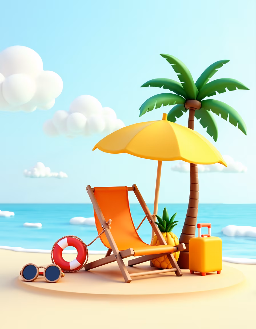 A relaxing beach scene with a lounge chair and tropical accents.