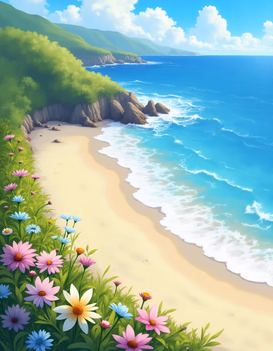 A picturesque beach scene with lush greenery and colorful flowers under a bright blue sky.