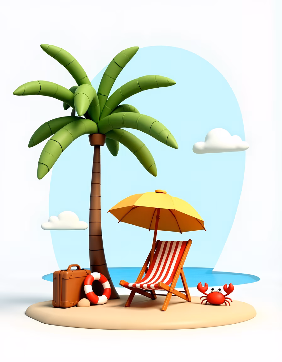 A cheerful beach scene with palm tree, chair, crab, and suitcase.