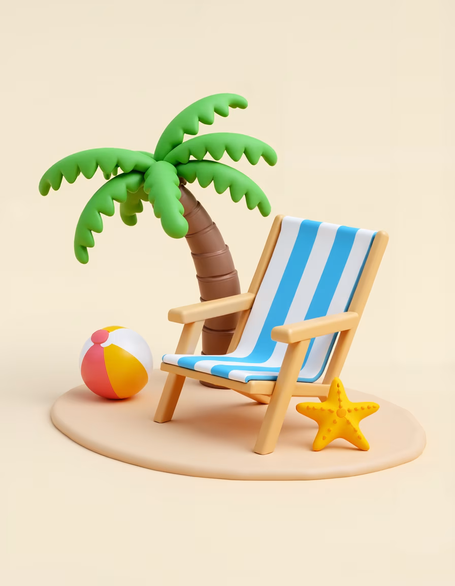 Vibrant beach scene with palm tree, chair, ball, and starfish, evoking summer joy.