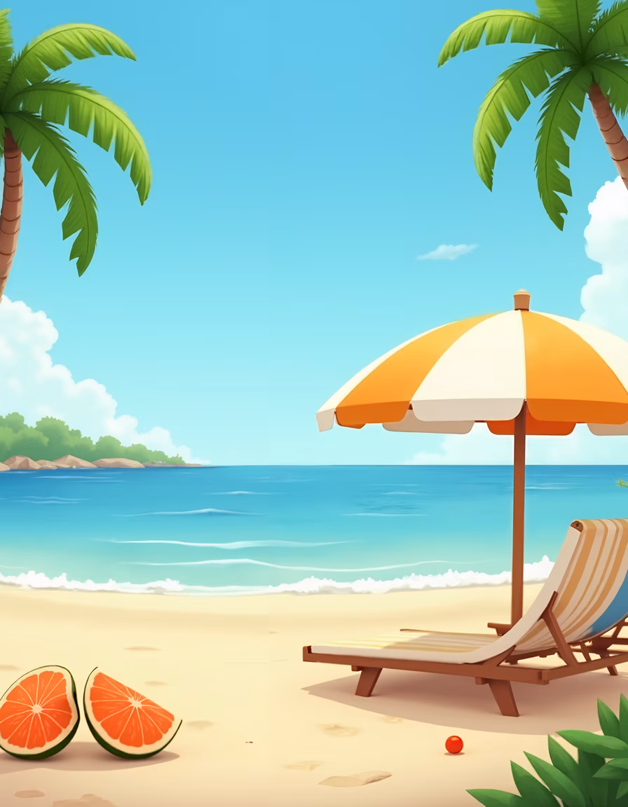 A tranquil beach scene with a lounge chair, umbrella, and grapefruit slices under a sunny sky.