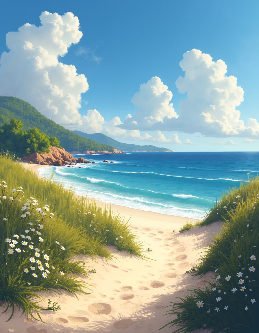A peaceful beach path surrounded by lush greenery and vibrant turquoise waters under a clear blue sky.