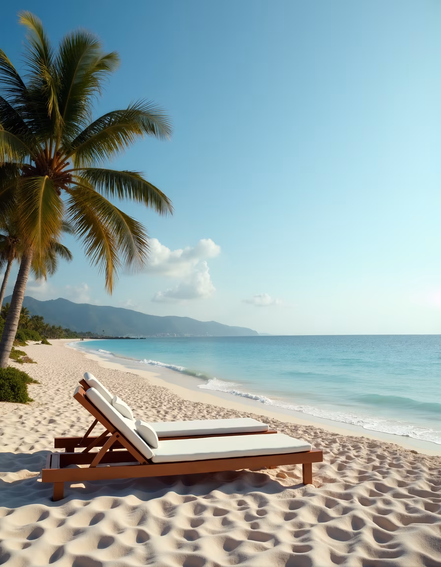 Relaxing beach scene with lounge chairs and palm trees.