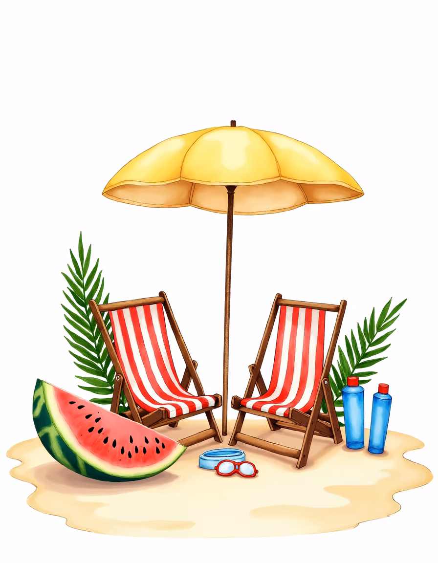 Relaxing beach scene with chairs, umbrella, and watermelon slices.