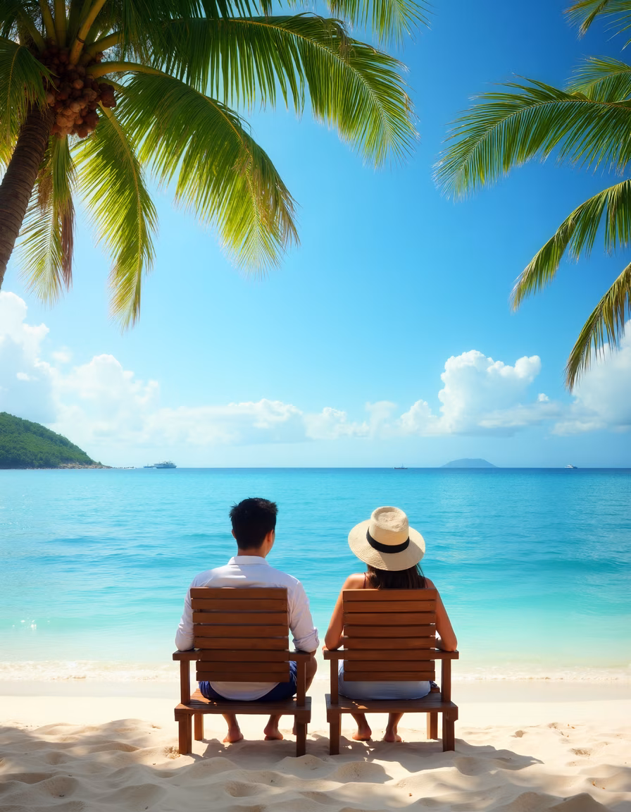 Romantic beach couple enjoying the view under palm trees.