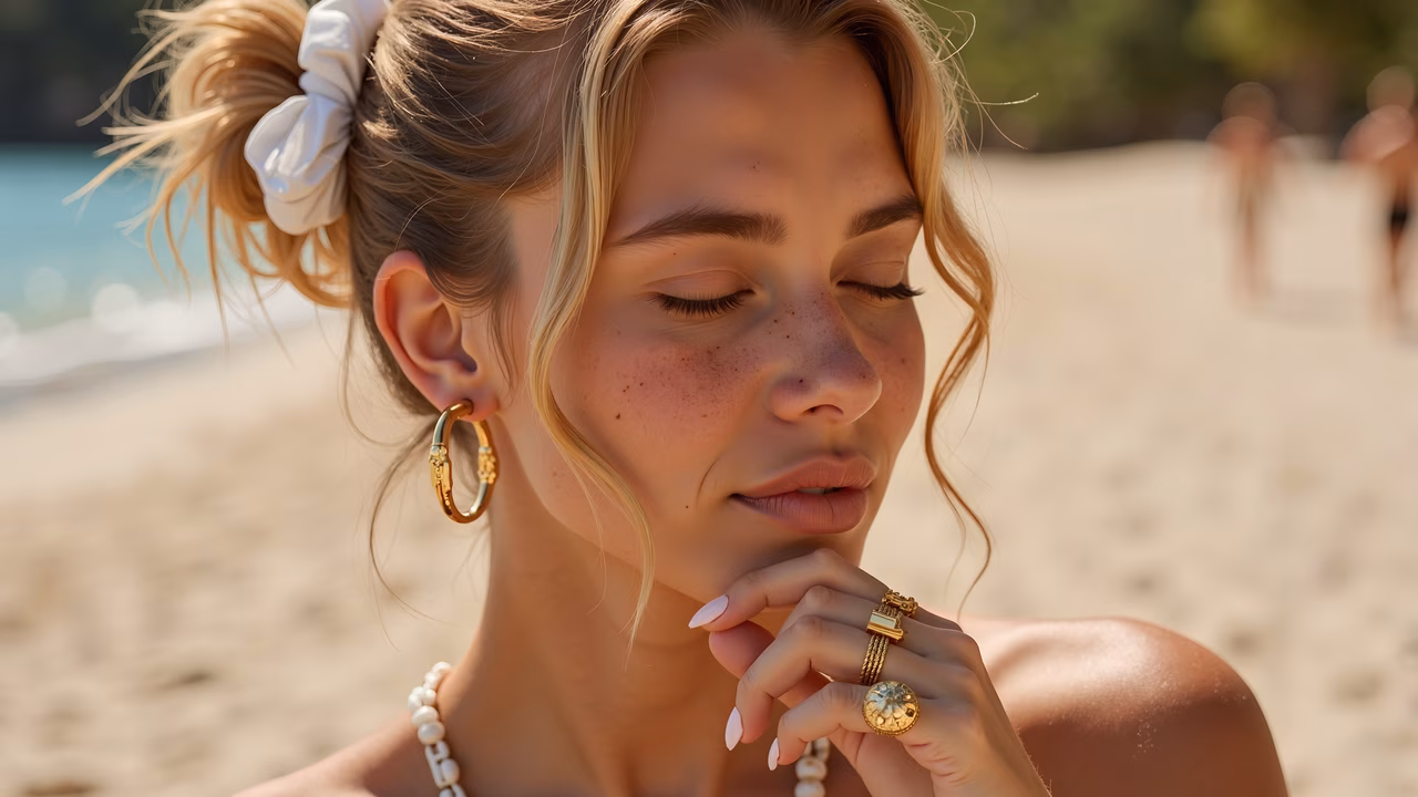 Close-up of a woman with eyes closed, wearing gold jewelry, on a sunny beach.