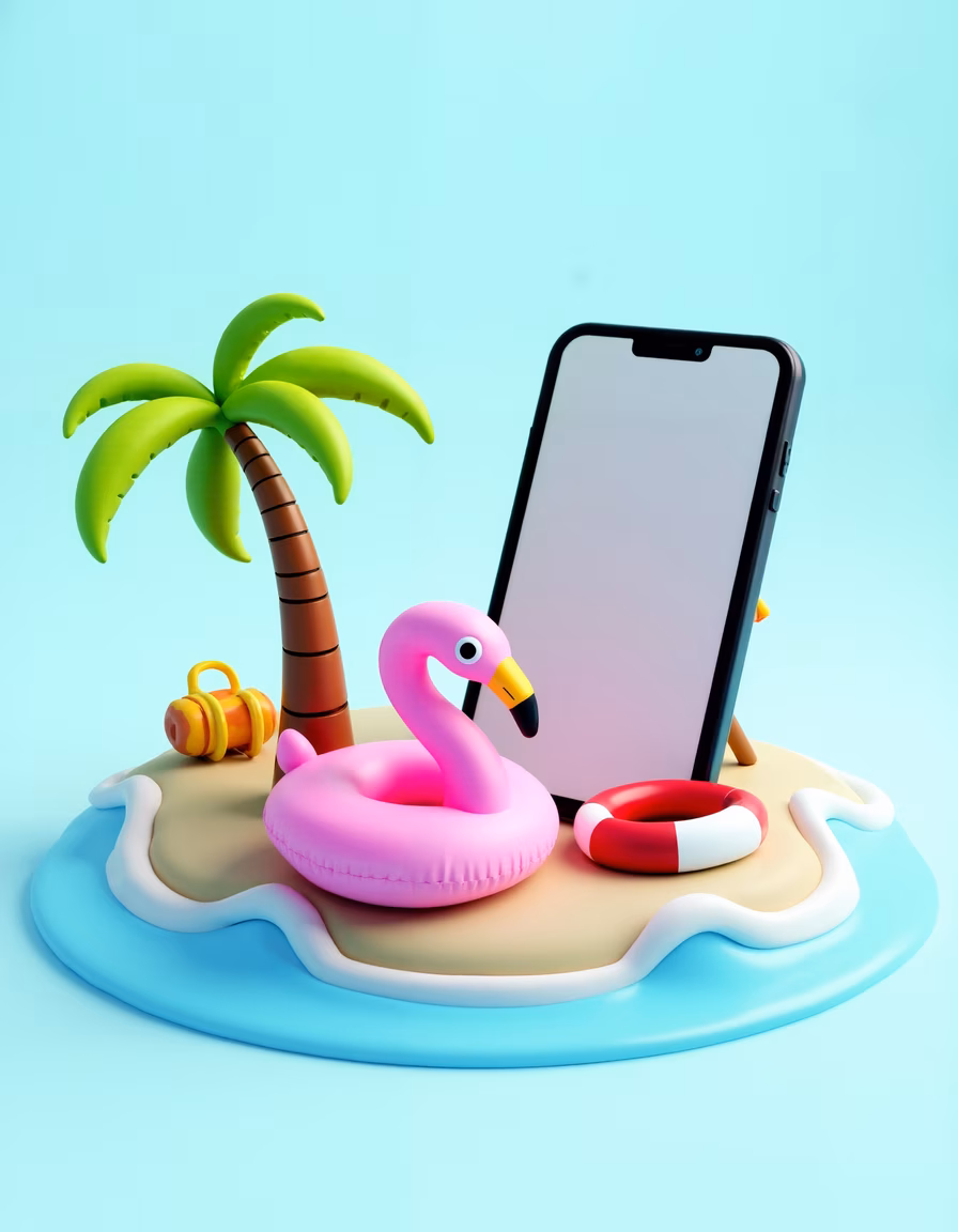 A fun beach-themed phone holder with a flamingo design, palm tree, and summer accessories.