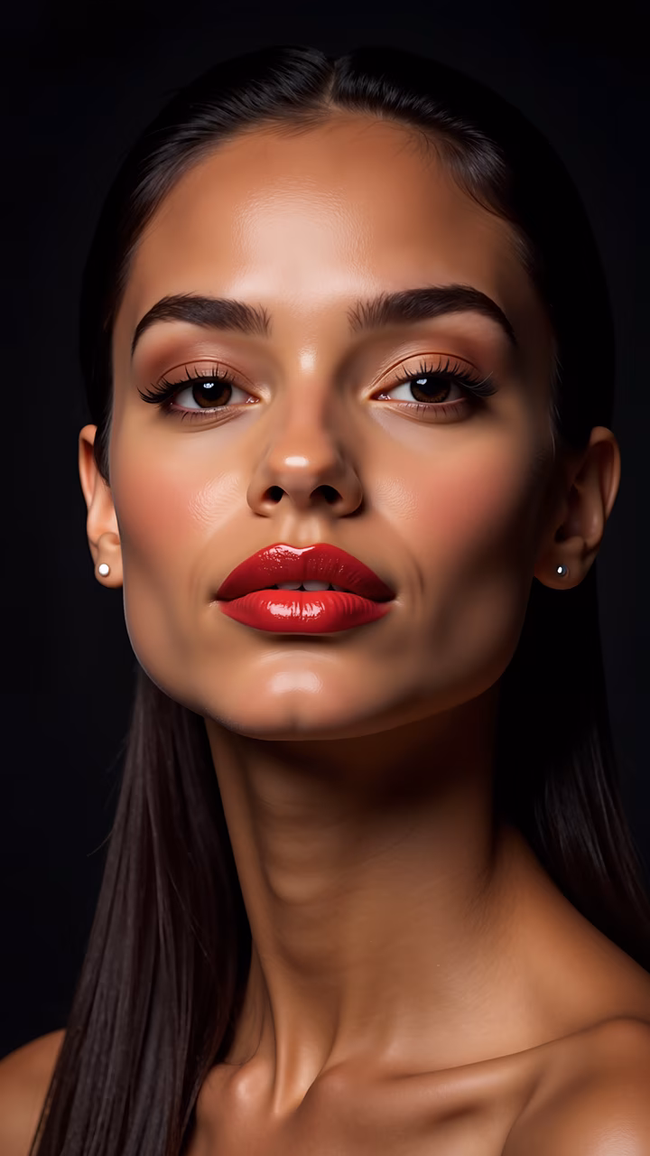 Close-up portrait of a woman with striking makeup and polished features, set against a dark background.