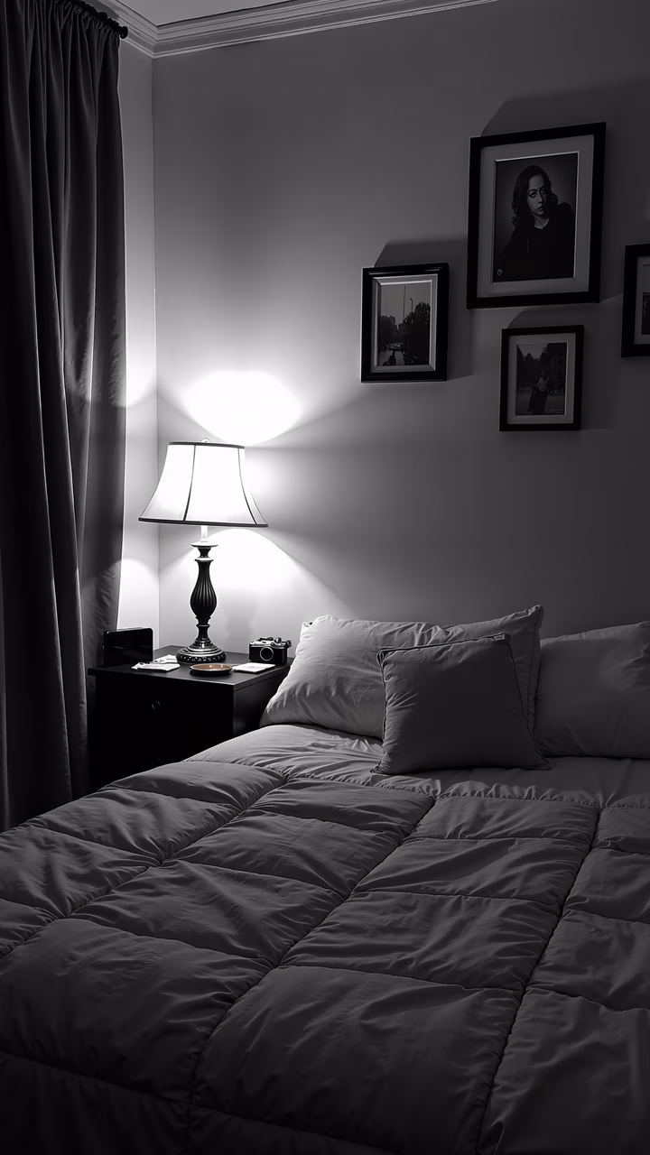 A peaceful black-and-white bedroom scene with soft lighting and framed portraits.