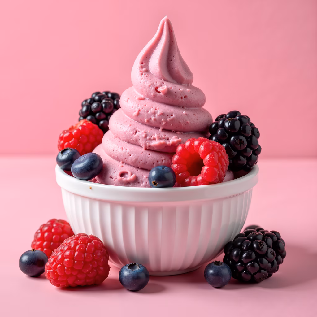 Soft serve ice cream with fresh berries on a pink background.