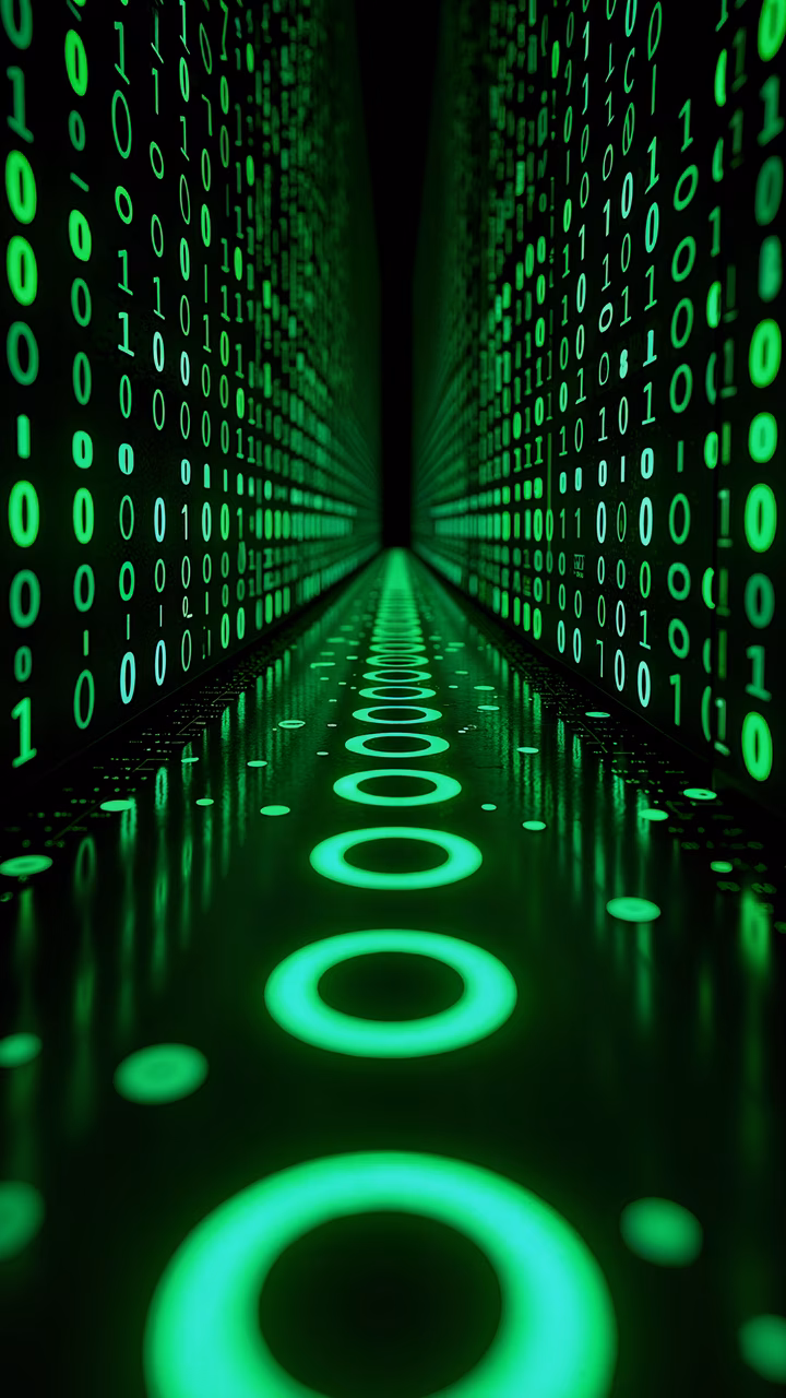 Futuristic binary code tunnel with glowing green lights and zero-one patterns.