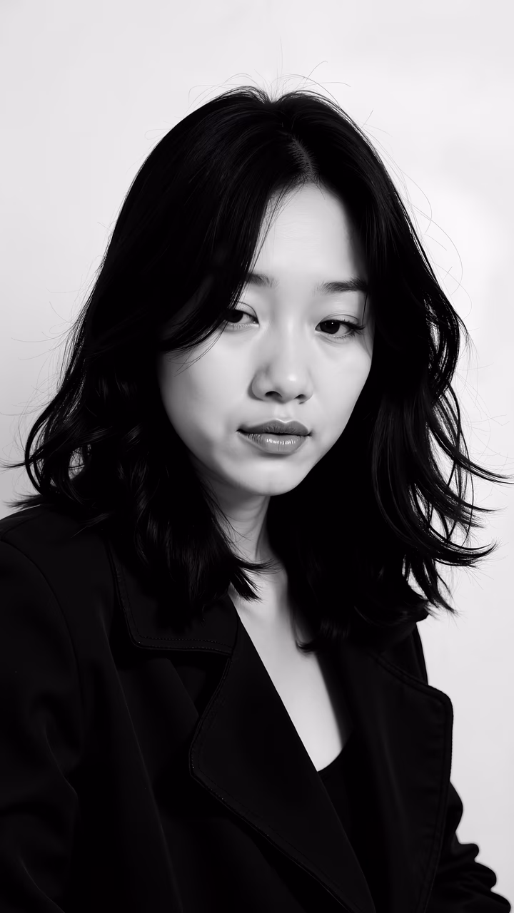 Monochrome portrait of a person with sleek hair and a jacket, emphasizing texture and elegance.