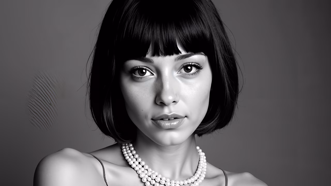 Elegant black and white portrait of a woman with a classic bob and pearl necklace, exuding sophistication and timeless beauty.