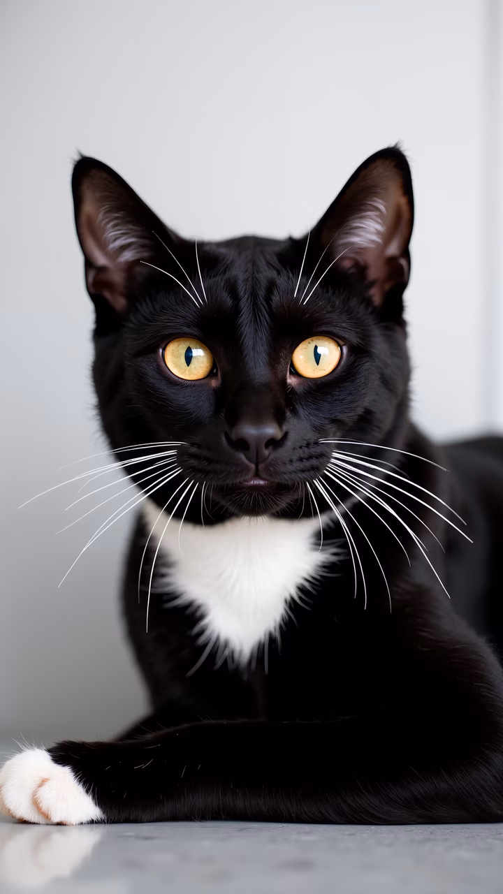 Close-up portrait of a black cat with striking yellow eyes and white fur, set against a plain background.